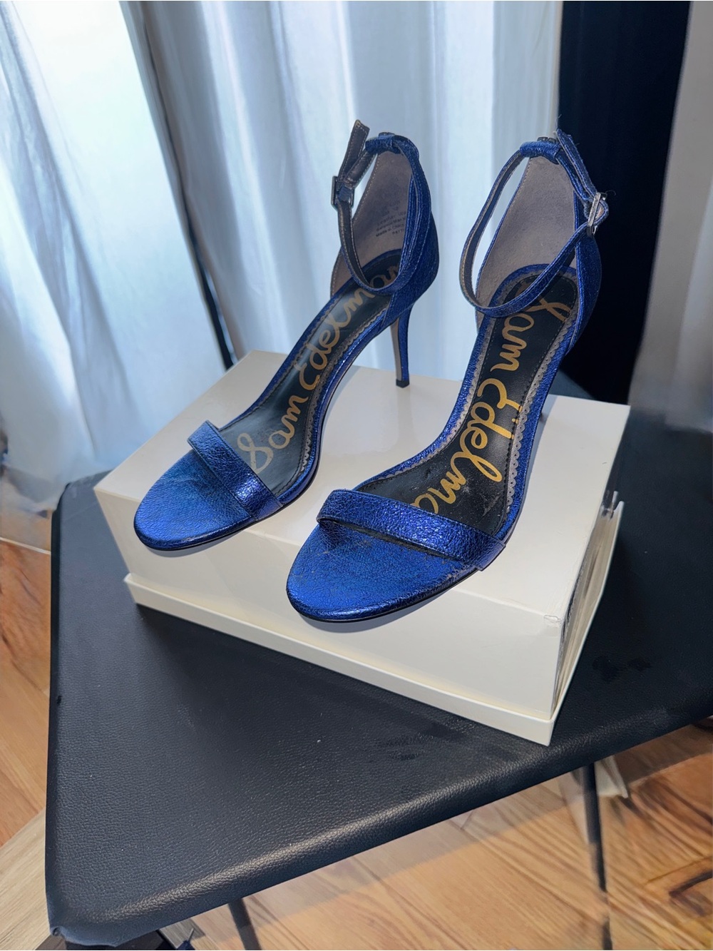 Sam Edelman Metallic Royal Blue Ankle-Strap Stilettos